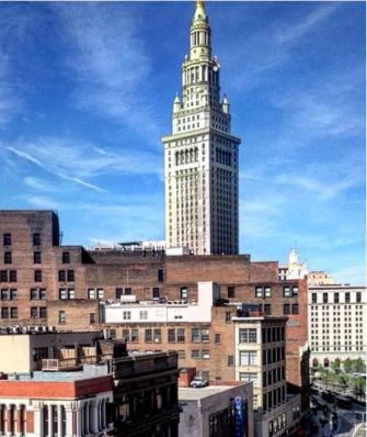 Terminal Tower rising above Euclid Avenue buildings